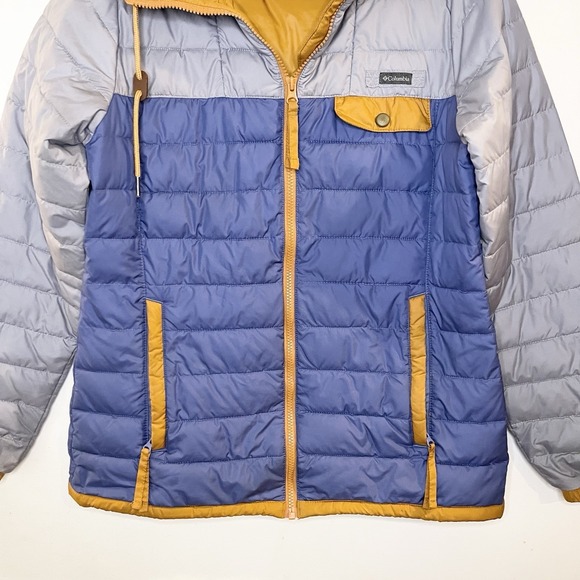 Columbia Men's Blue Gray Color Block Full Zip Hooded Puffer Jacket Size Small - Picture 2 of 6